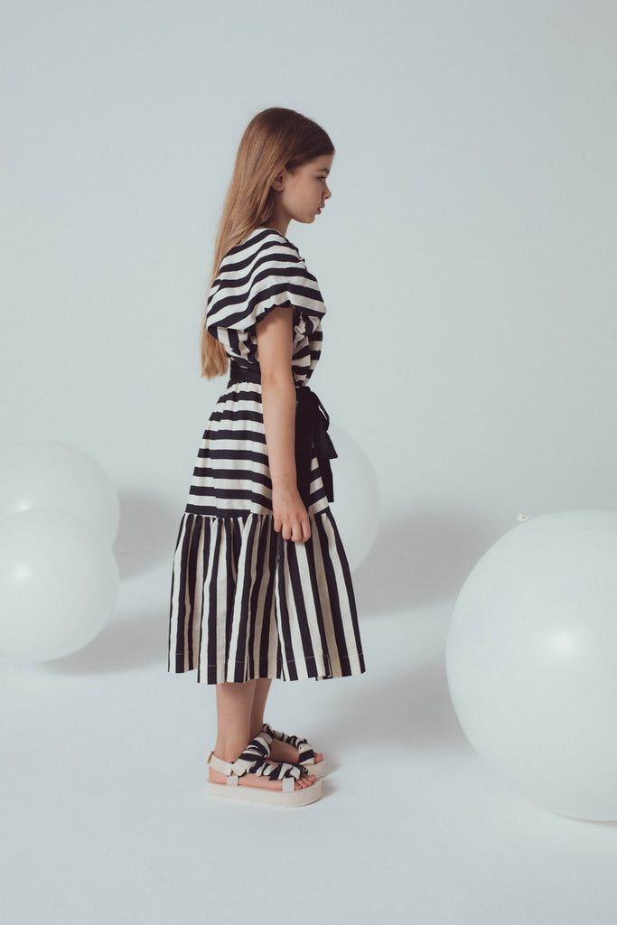 UNLABEL SS24 Zoey Puffy Sleeve Dress in Milk and Black Stripe