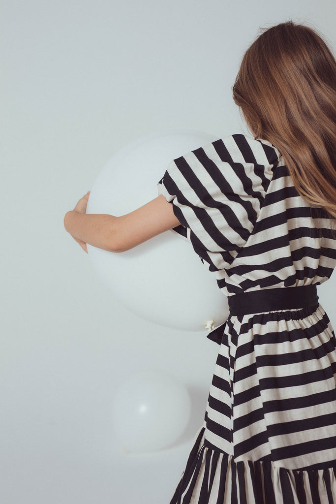 UNLABEL SS24 Zoey Puffy Sleeve Dress in Milk and Black Stripe