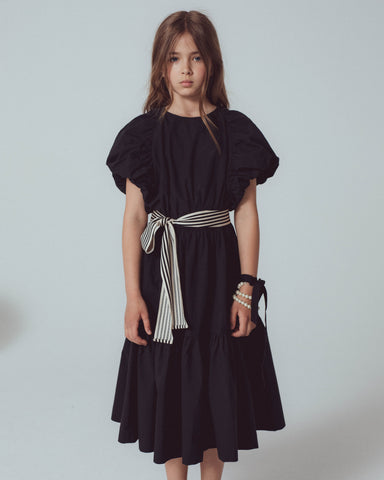 UNLABEL SS24 Zoey Puffy Sleeve Dress in Milk and Black Stripe