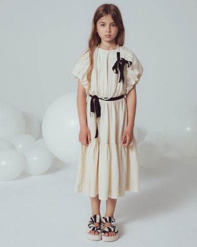 UNLABEL SS24 Zoey Puffy Sleeve Dress in Milk and Black Stripe