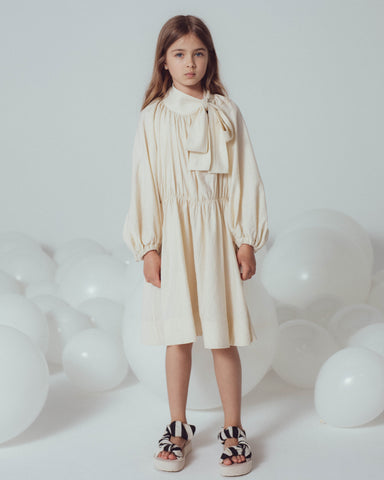 UNLABEL SS24 Zoey Puffy Sleeve Dress in Milk and Black Stripe