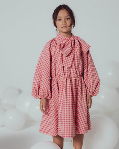 UNLABEL SS24 Mark Puffy Sleeve Dress in Sky Blue Checks