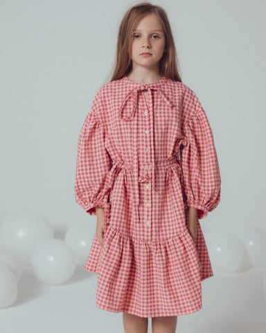 UNLABEL SS24 Mark Puffy Sleeve Dress in Sky Blue Checks