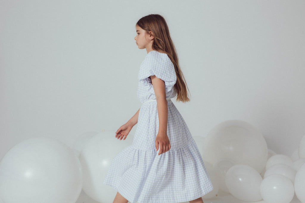 UNLABEL SS24 Mark Puffy Sleeve Dress in Sky Blue Checks