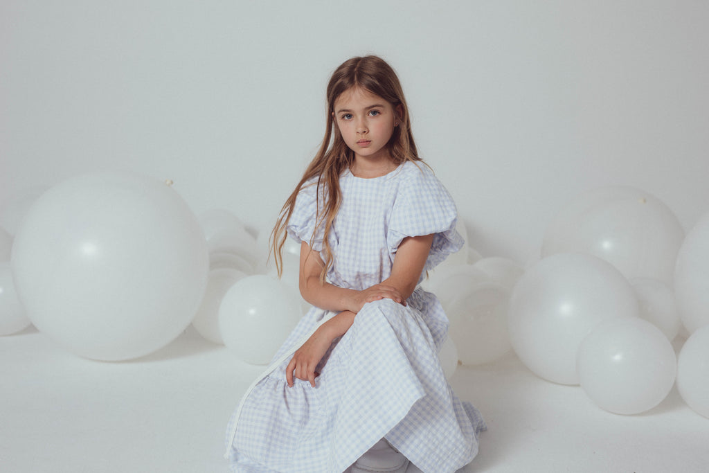 UNLABEL SS24 Mark Puffy Sleeve Dress in Sky Blue Checks