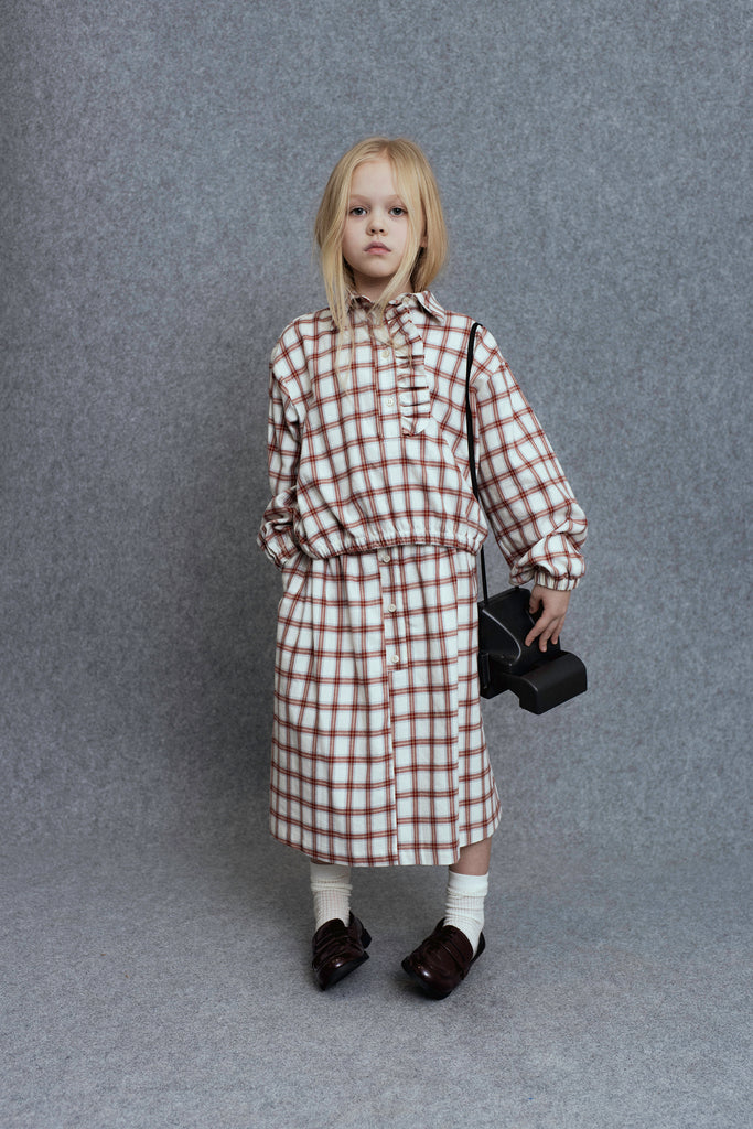 UNLABEL FW25 Kosi Pleated Skirt in Cream and Red Check