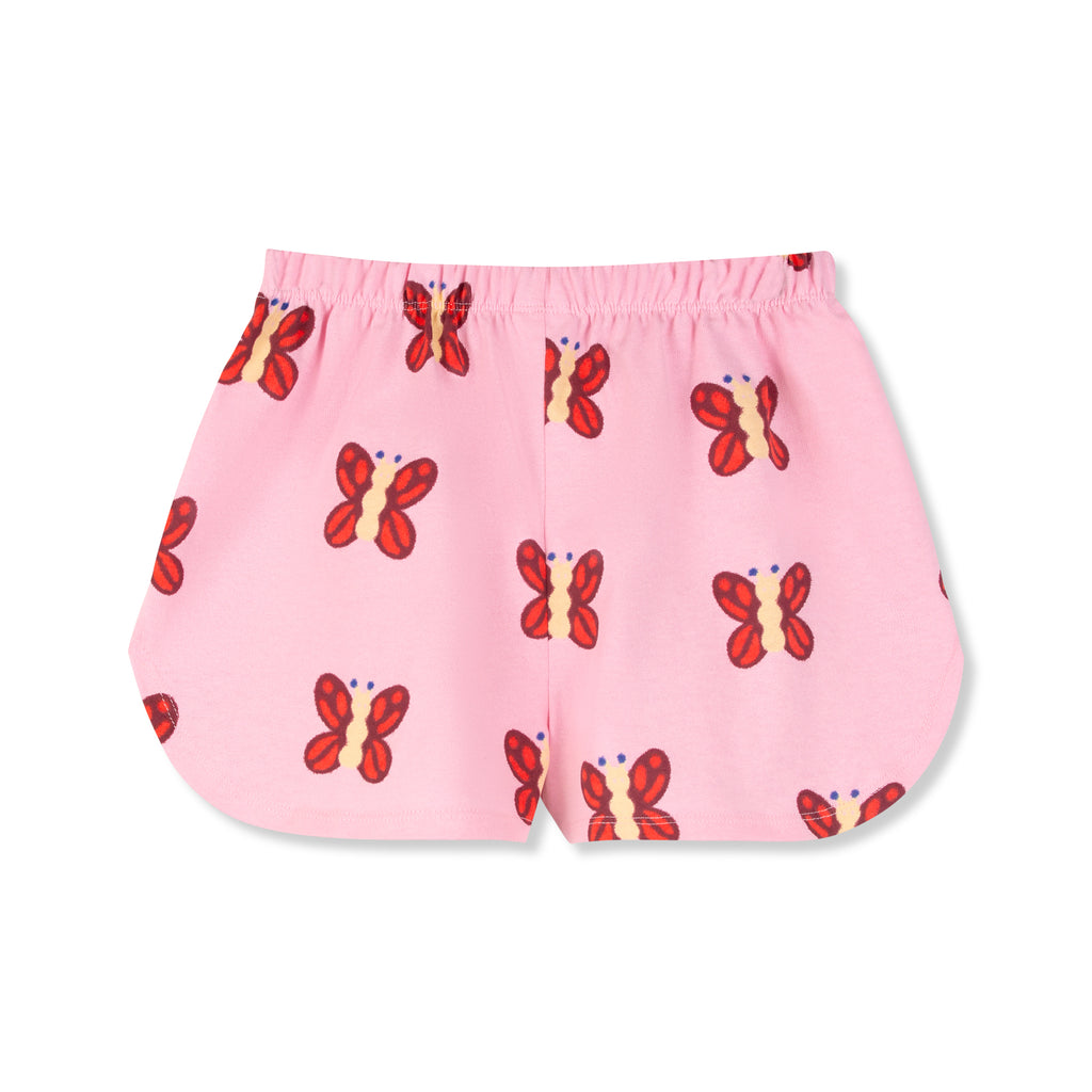 WYNKEN SS26 SCOOPED DECK ORGANIC COTTON SHORTS in BUTTERFLY PRINT