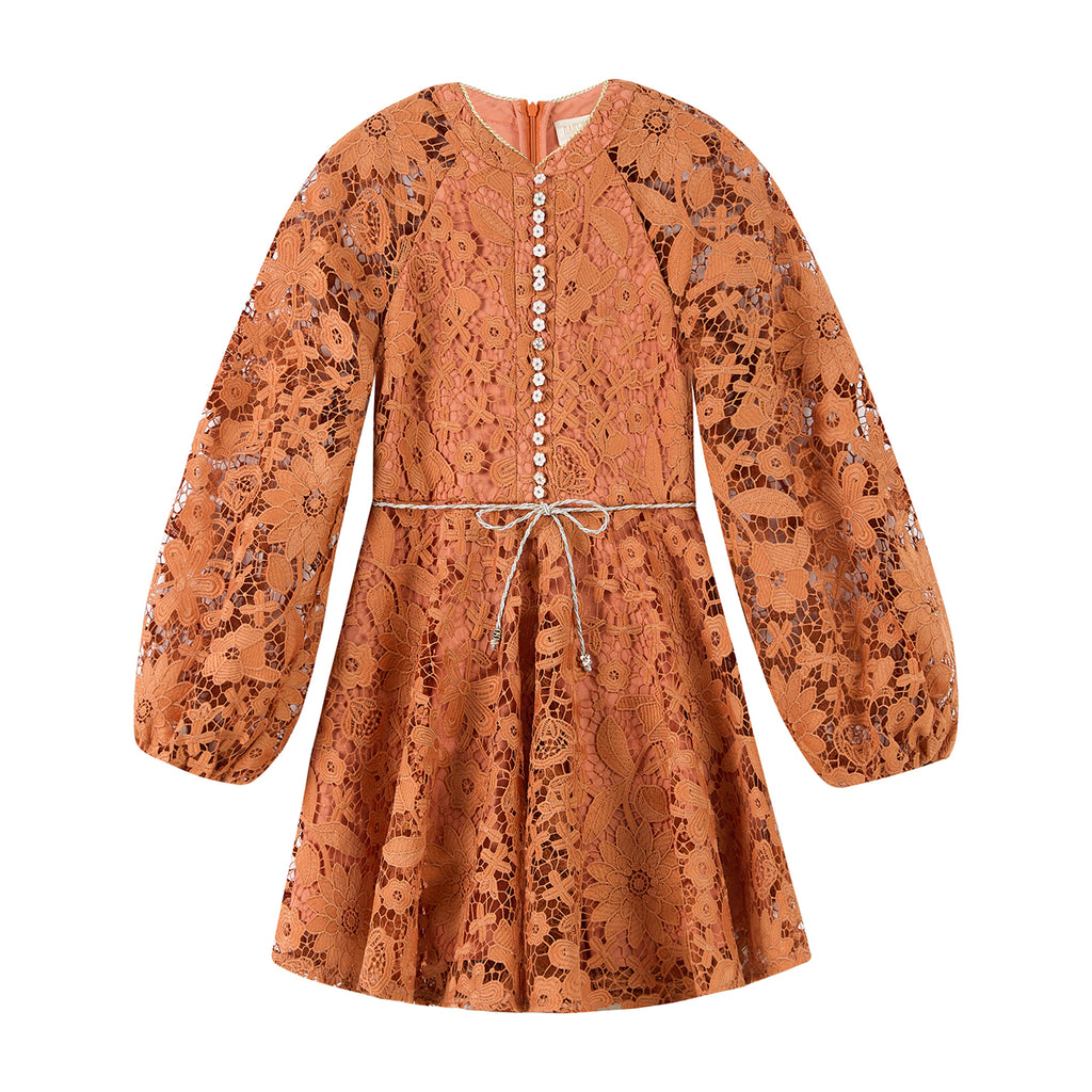 MARLO KIDS Esme Embroidered Sleeve Mini Dress in Cinnamon