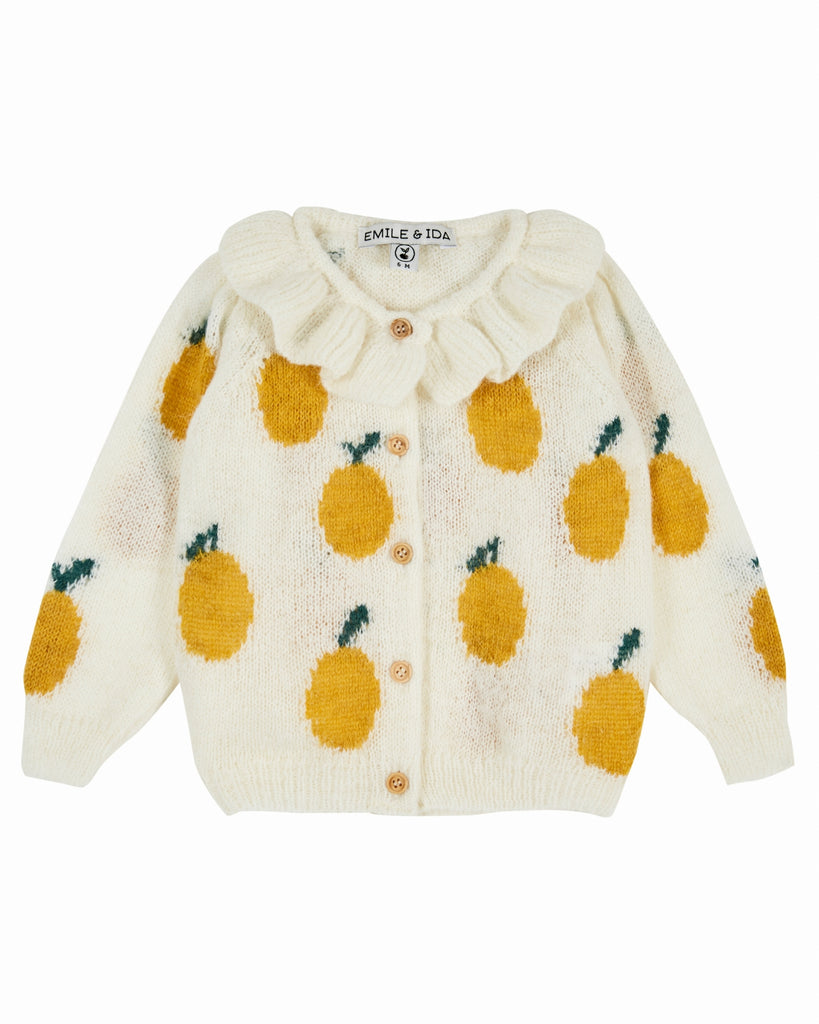 EMILE ET IDA AW23 Intarsia Ruffle Collar Cardigan in Lemons