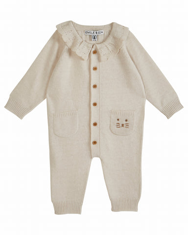 EMILE ET IDA AW23 Baby Knit Ruffled Collar Intarsia Playsuit