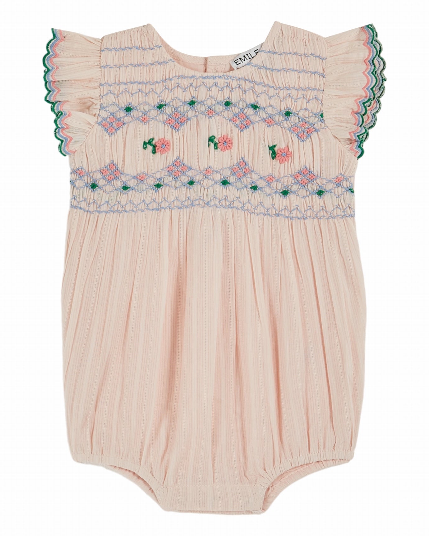 EMILE ET IDA SS25 BEBE COMBI PUFFEL PINK HAND-SMOCKED EMBROIDERED ROMP