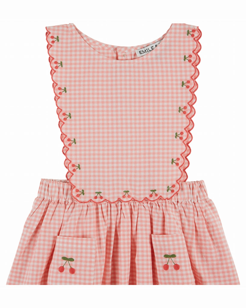 EMILE ET IDA SS26 Vichy Pinafore Dress with Embroidered Cherries