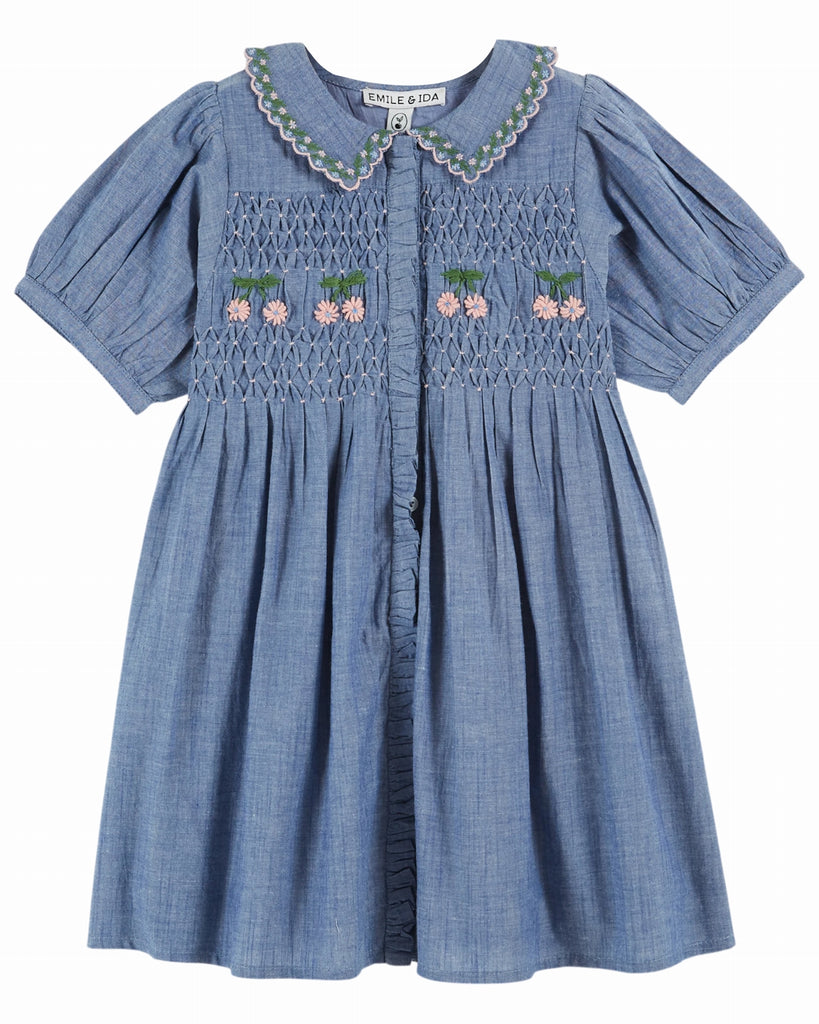 EMILE ET IDA SS26 Chambray Smocked Embroidered Dress