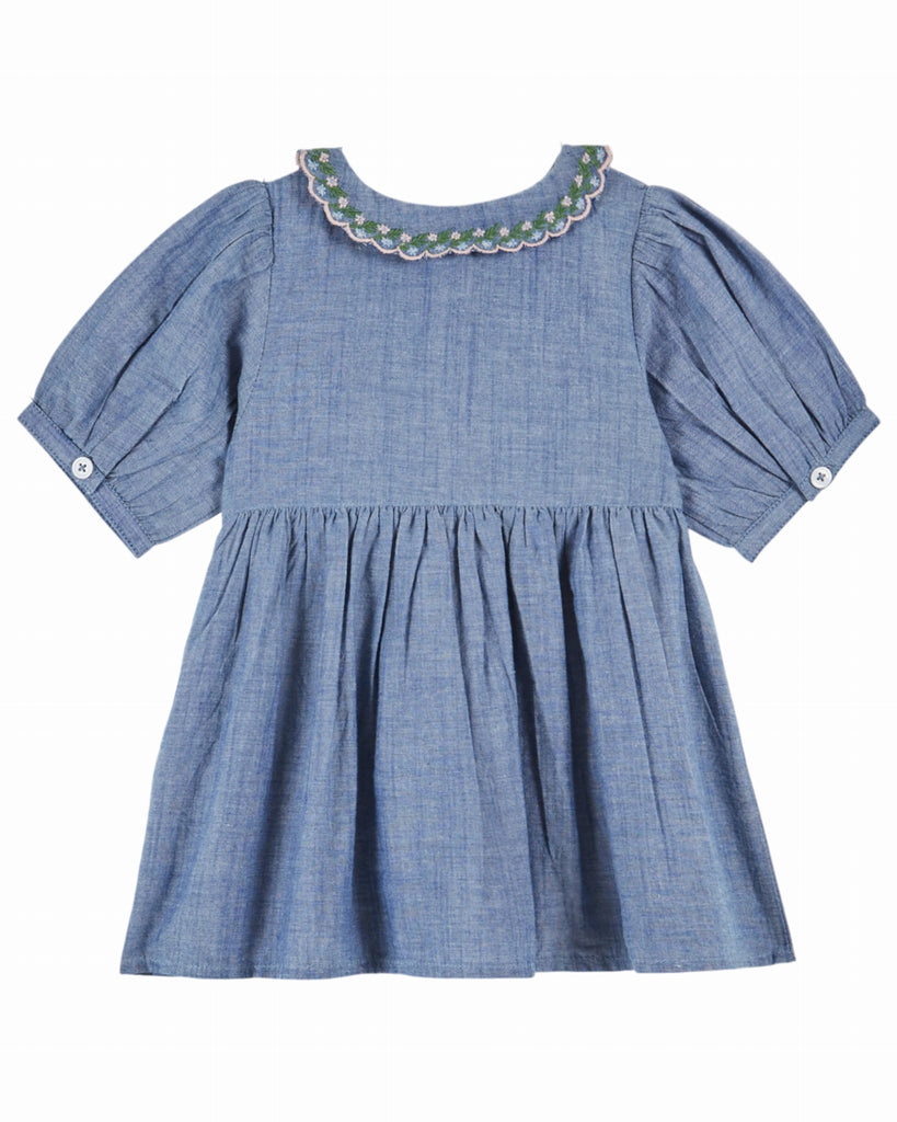 EMILE ET IDA SS26 Chambray Smocked Embroidered Dress