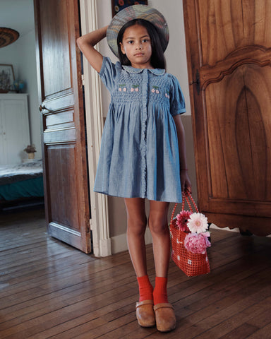 EMILE ET IDA FW26 LARGE COLLAR ECRU AND PINK FLORAL DRESS