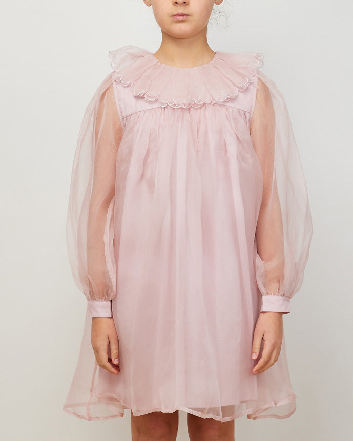 PETITE AMALIE "Wonderland" Silk Organza Ruffle Collar Dress in Mauve