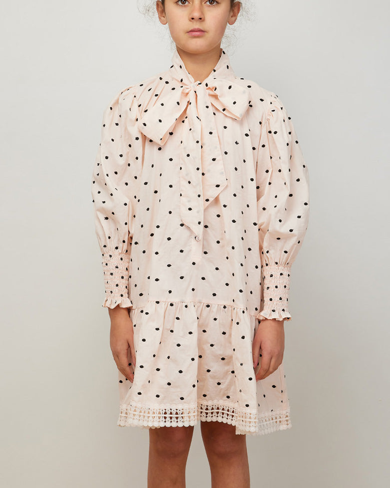PETITE AMALIE "Wonderland" Embroidered Dot Pussy Bow Dress in Pink