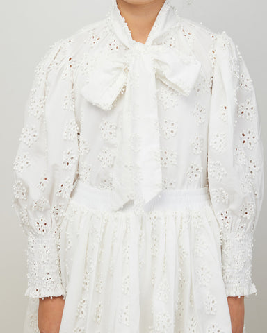 PETITE AMALIE "Wonderland" Daisy Embroidered Pussy Bow Dress in White