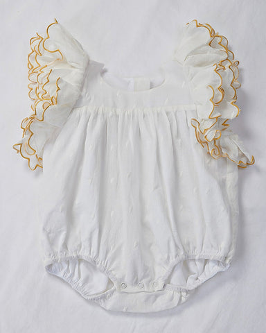 PETITE AMALIE "Wonderland"  Gold Scalloped Sleeve Maxi Dress in White