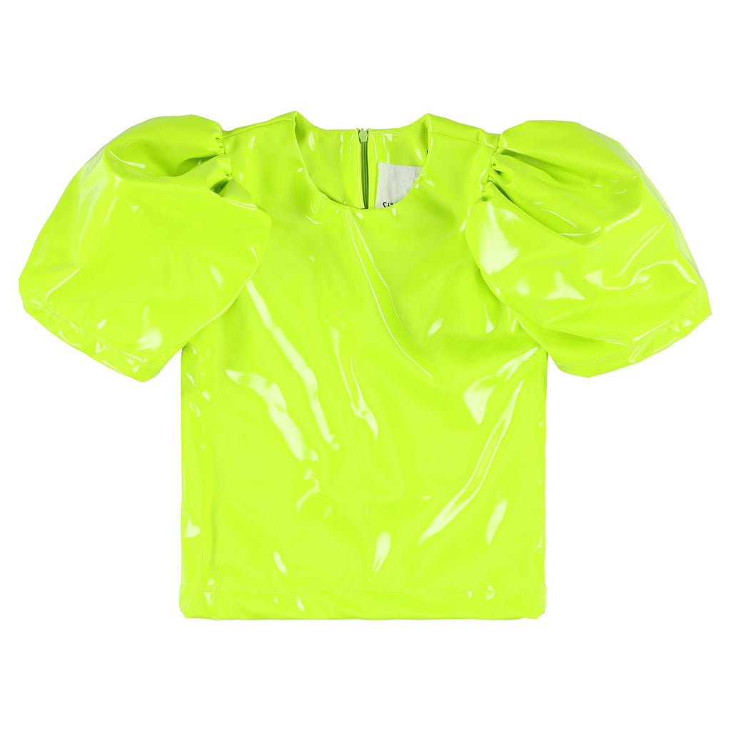 CAROLINE BOSMANS Ss23 Puffy Sleeve Top in Patent Glossy Neon Yellow