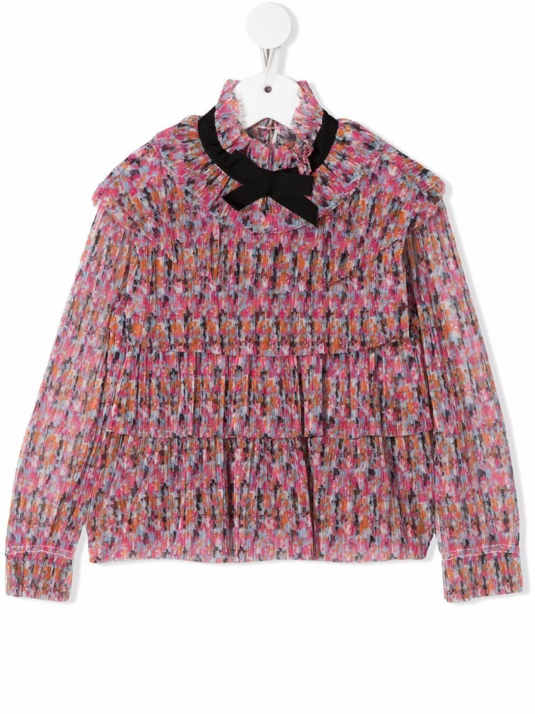PHILOSOPHY di Lorenzo Serafini Kids Chiffon Crinkled Blouse with Contrast Bow in Rose