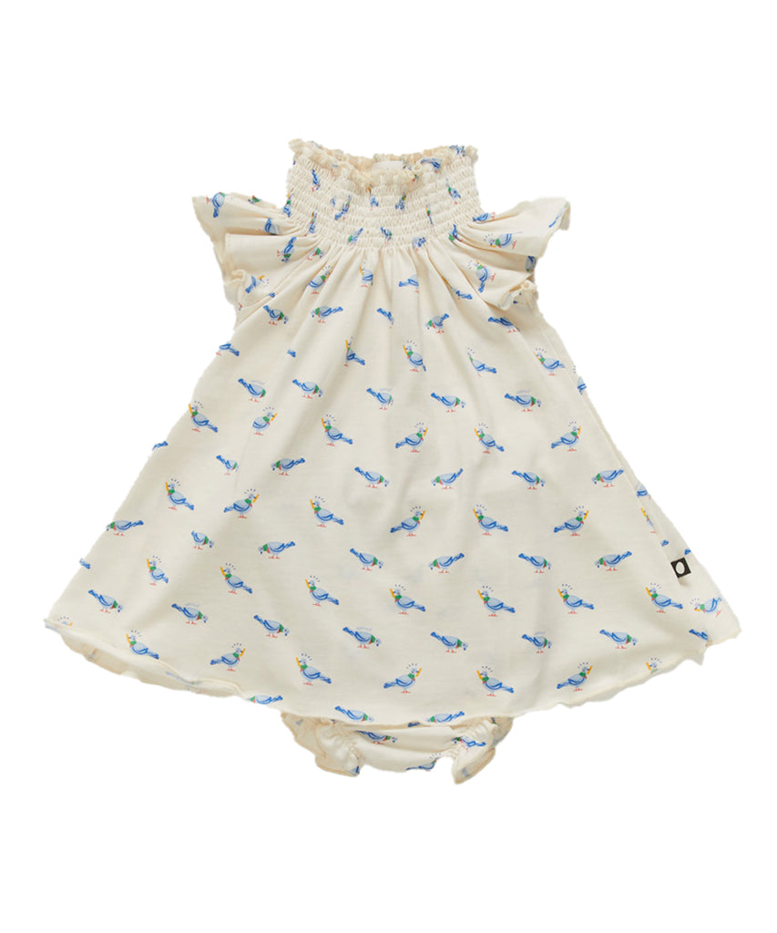 OEUF "Franglaise" Baby Peasant Dress with Bloomer in Gardenia Pigeon