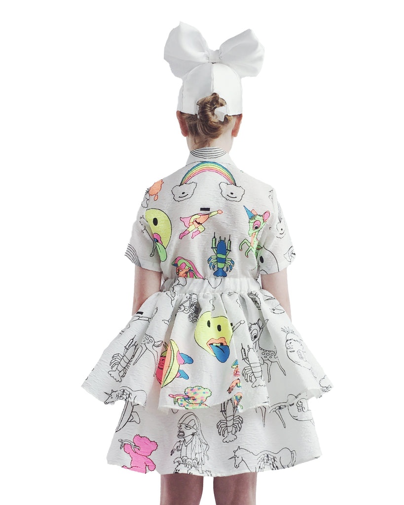 CAROLINE BOSMANS Ss23 Tiered Dress in Poppy Fluo Mix (comes with fluorescent markers used to color the the figurines)