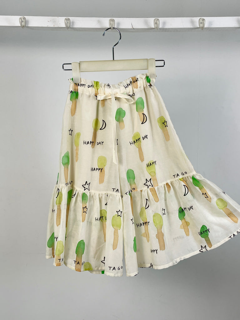 TAGO Ruffled Silk Cotton Tree Print Pants
