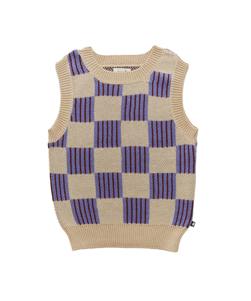 OEUF "Franglaise" Knit Motif Vest in Eggshell Check