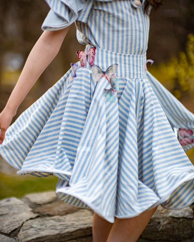 NIKOLIA "Good Morning Heaven" ATLANTA Cotton Skirt with Flower Appliqué in Blue Stripe