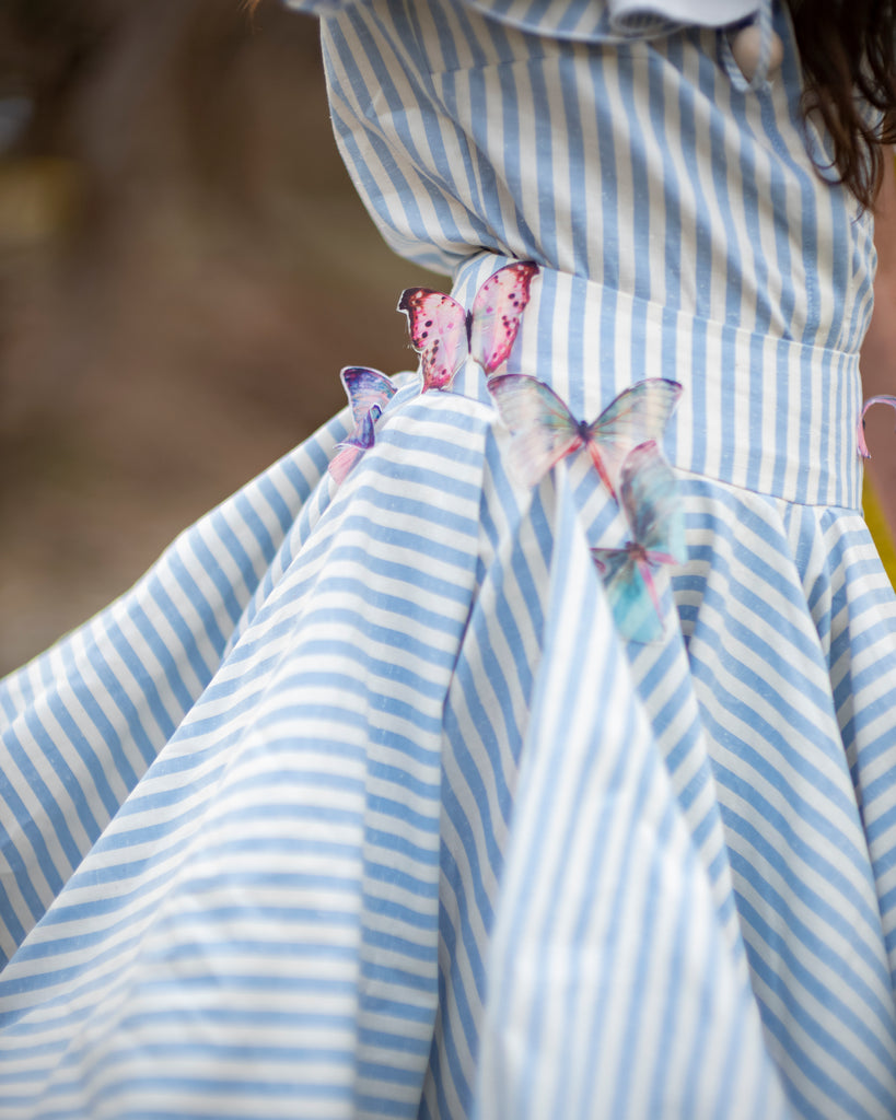 NIKOLIA "Good Morning Heaven" MONACO Cotton Skirt with Butterfly Appliqué in Blue Stripe