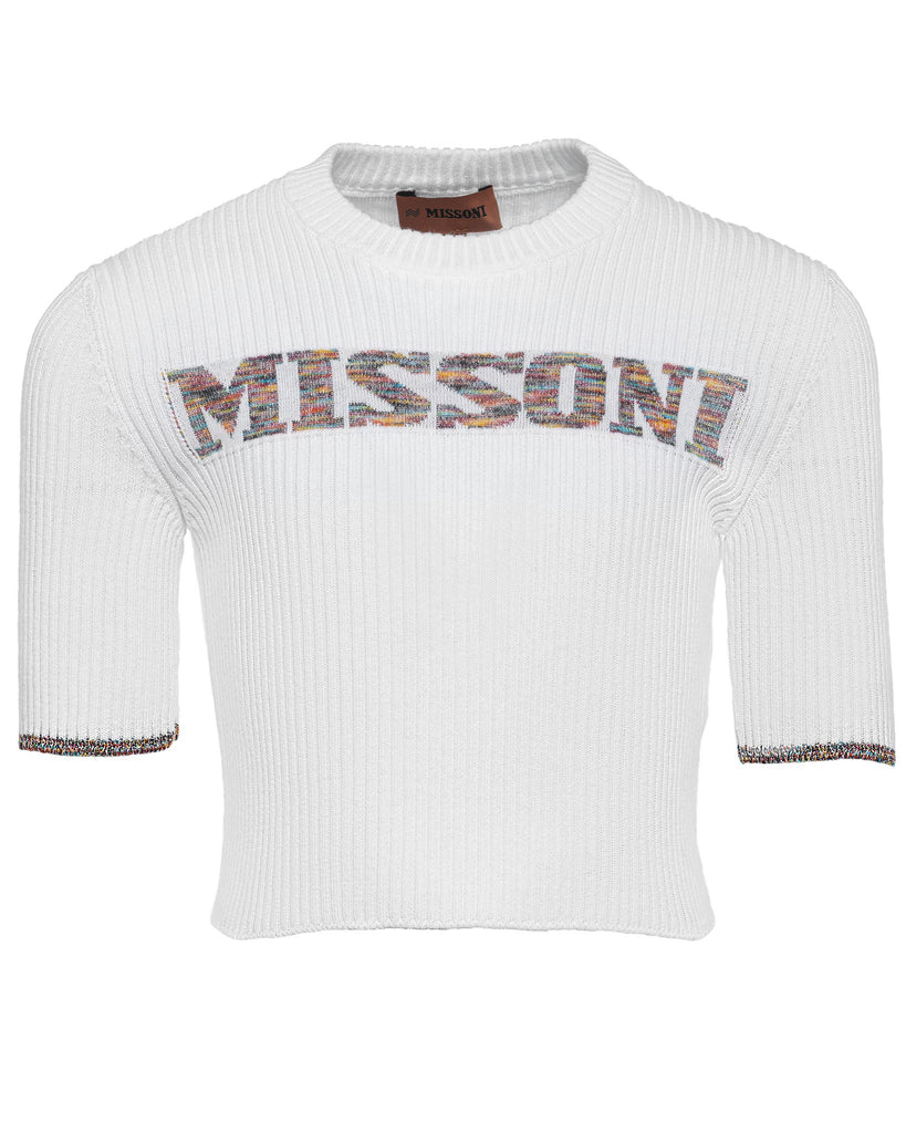 MISSONI Short-Sleeved Ribbed Knit Top with Front Logo