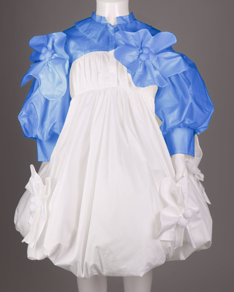 NIKOLIA "Good Morning Heaven" PRAY Cotton Bubble Skirt Dress in Blue Ocean and White