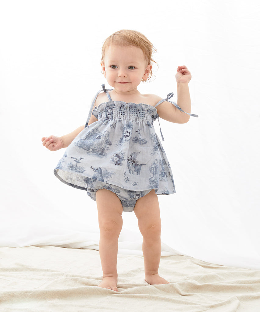 OEUF "Franglaise" Baby Linen Smocked Tank Top Shorts Set in Toile