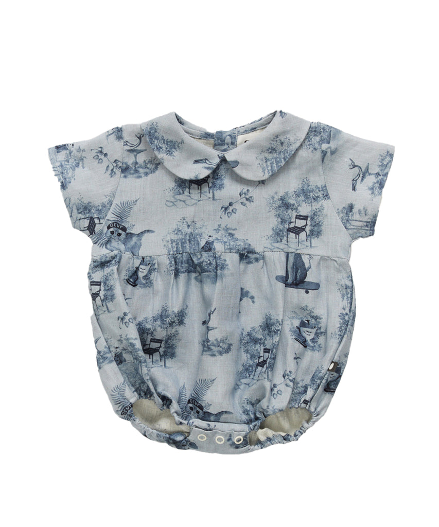OEUF "Franglaise" Baby Linen Short Sleeve Romper in Toile