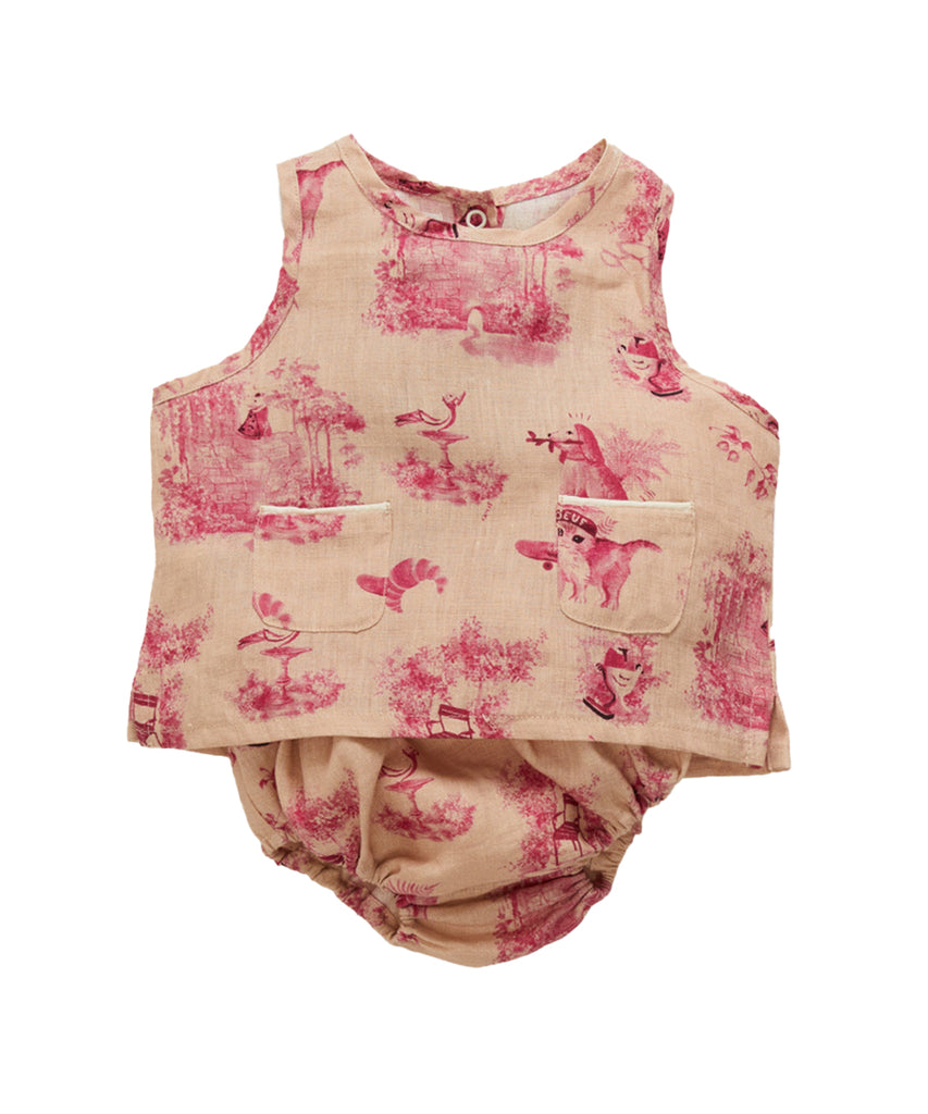 OEUF "Franglaise" Baby Linen Tank Top Shorts Set in Peony Toile