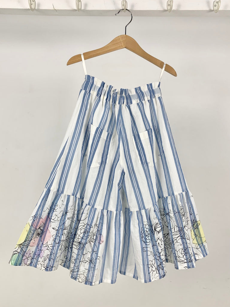 TAGO Ruffled Trousers in White and Blue